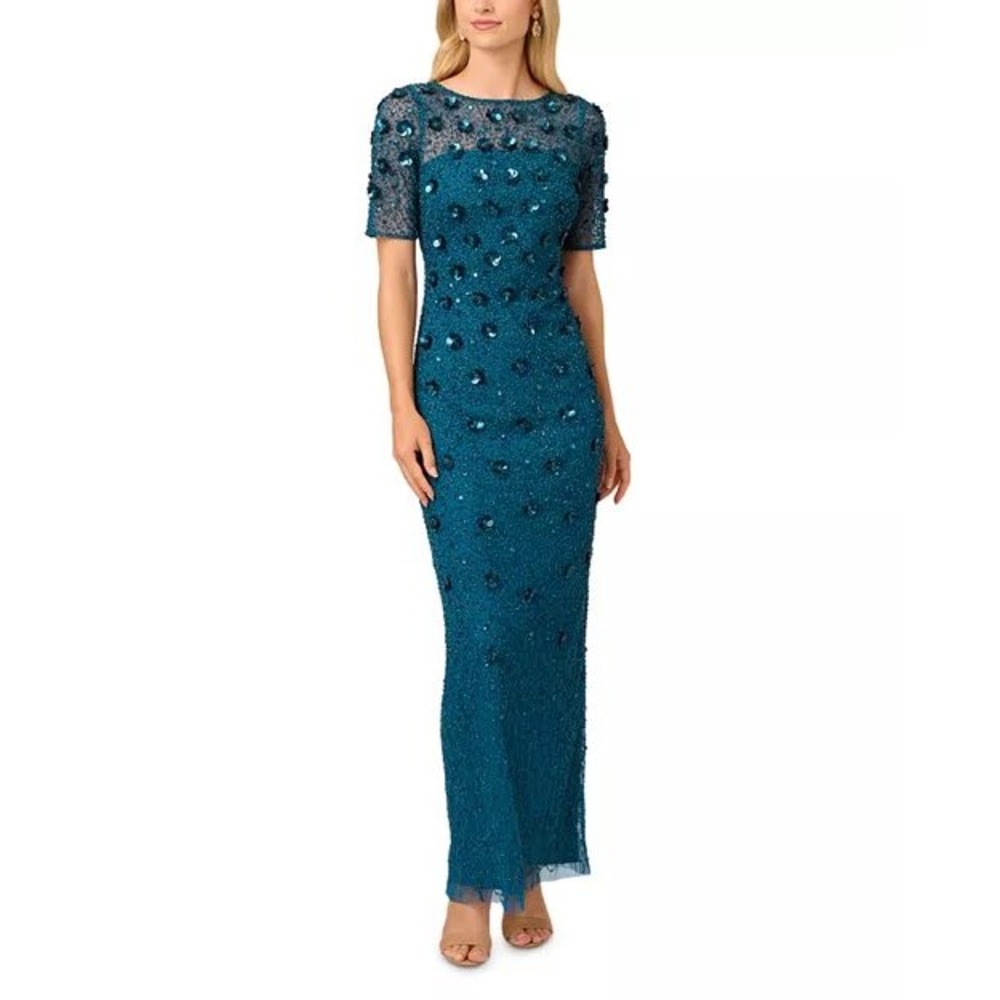 Adrianna Papell Green Bluish All Over Hand Beaded 3D Floral long sheath Gown 8